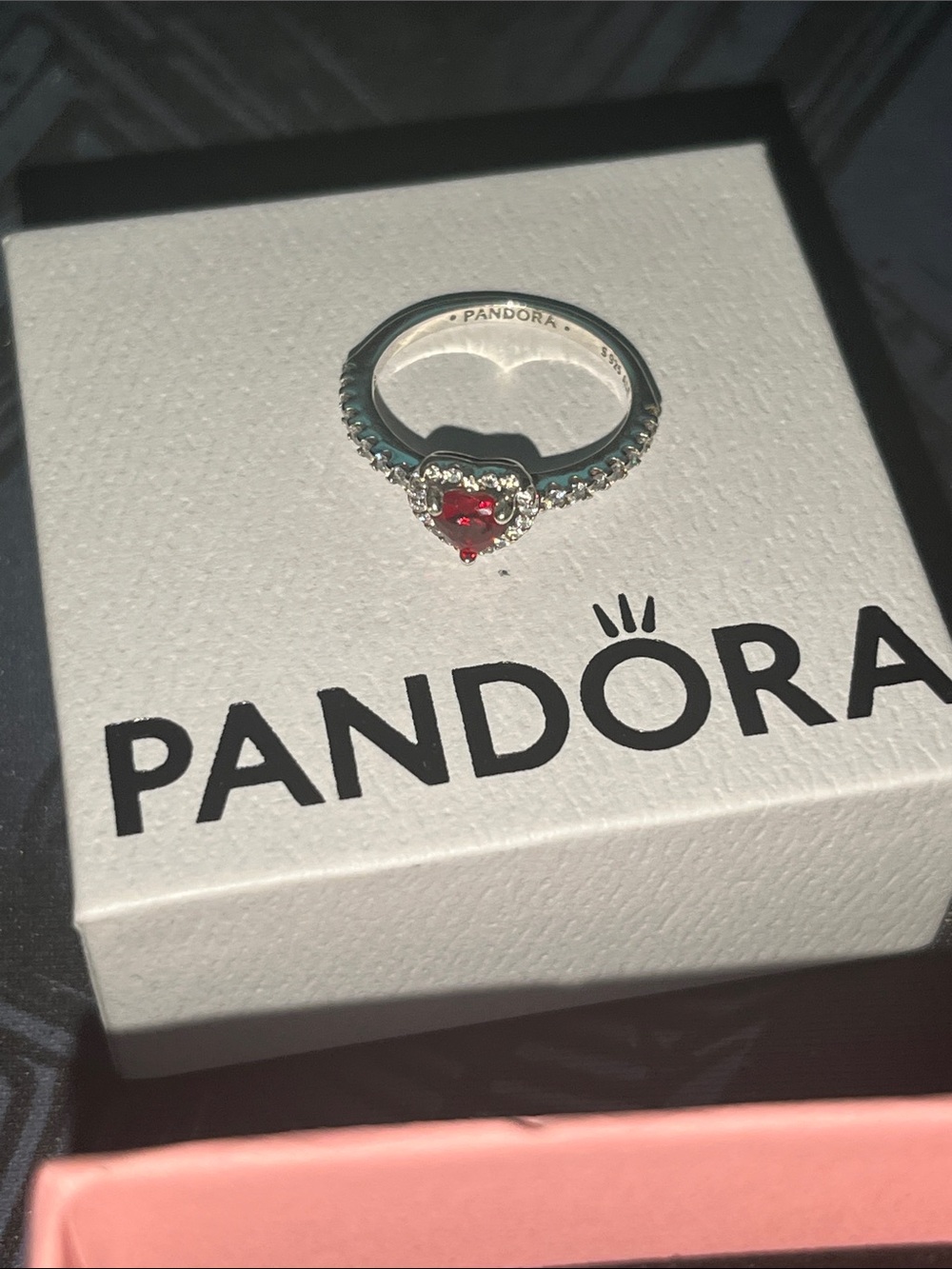 Pandora Sterling Silver Heart Ring with Red Center and Clear Accents Size 6